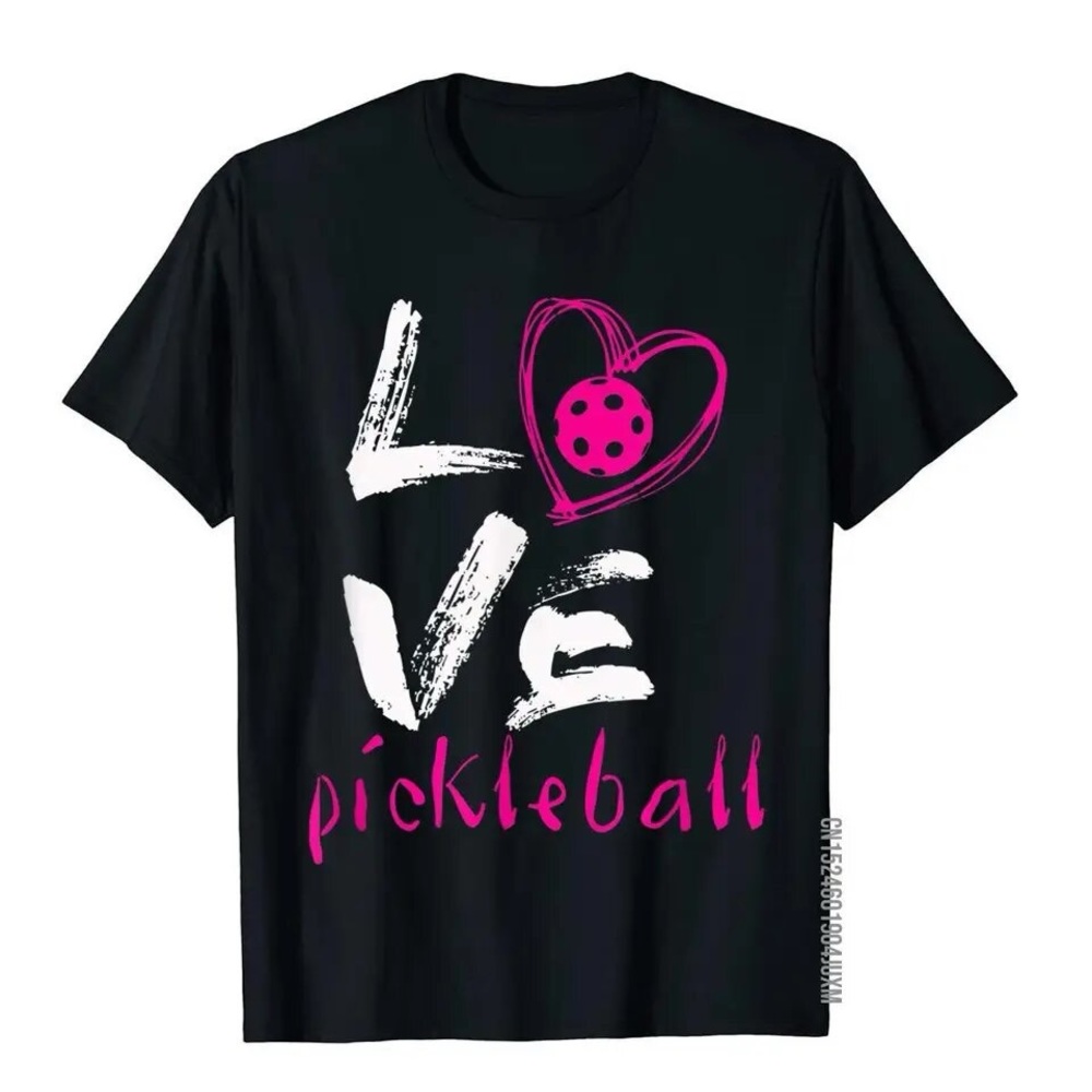 I Love Pickle‎ Ball Women’s 100% Cotton T-Shirt in Black and Fuchsia Pink Small